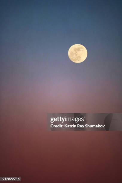 january super blue blood moon rising at sunset - 2018 lunar stock pictures, royalty-free photos & images