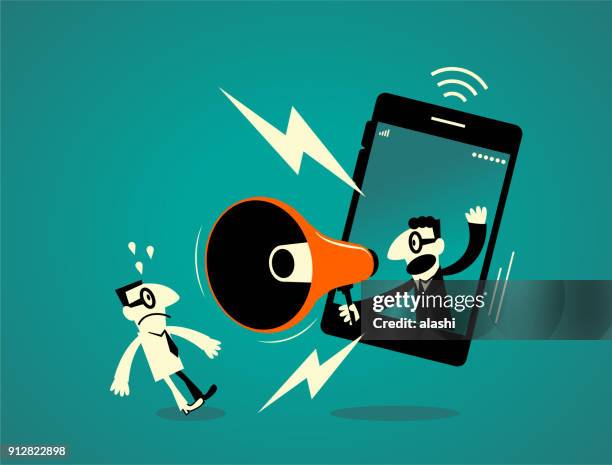 ilustrações, clipart, desenhos animados e ícones de um homem de negócios dentro de um telefone inteligente (celular) com o megafone, outro homem de negócios, um choque - dívida