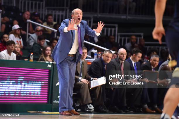 Head coach Kevin Stallings of the Pittsburgh Panthers yells to his team during the second half of the game against the Miami Hurricanes at The Watsco...