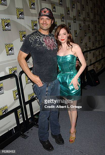 Director Robert Rodriguez and Harris and actress Rose McGowan attend the 2008 Comic-Con International on July 24, 2008 at the San Diego Convention...