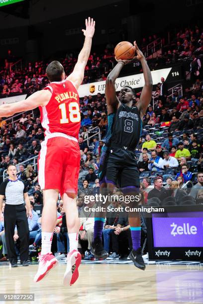 Johnny O'Bryant III of the Charlotte Hornets shoots the ball during the game against the Atlanta Hawks on January 31, 2018 at Philips Arena in...