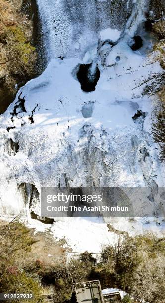 In this aerial image, frozen Fukuroda Falls is seen on January 30, 2018 in Daigo, Ibaraki, Japan.