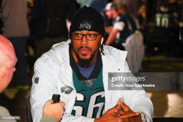 Philadelphia Eagles offensive tackle Will Beatty answers questions during the Philadelphia Eagles Press Conference on January 31 at the Mall of...