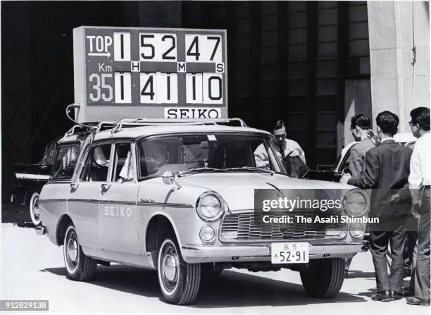 An official timing vehicle for Marathon competitions provided by Seiko is seen in April 1964 in Tokyo, Japan.