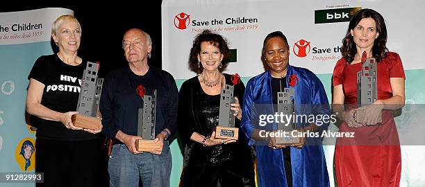 Singer Annie Lennox, writer Eduardo Galeano, actress Claudia Cardinale, singer Barbara Hendricks and actress Julia Ormond attend "Save the Children"...