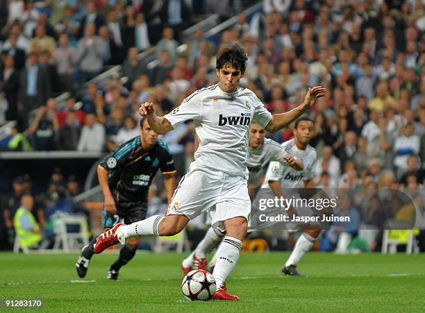 Kaka of Real madrid strikes to score from the penalty spot during the Champions League group C match between Real Madrid and Marseille at the Estadio...