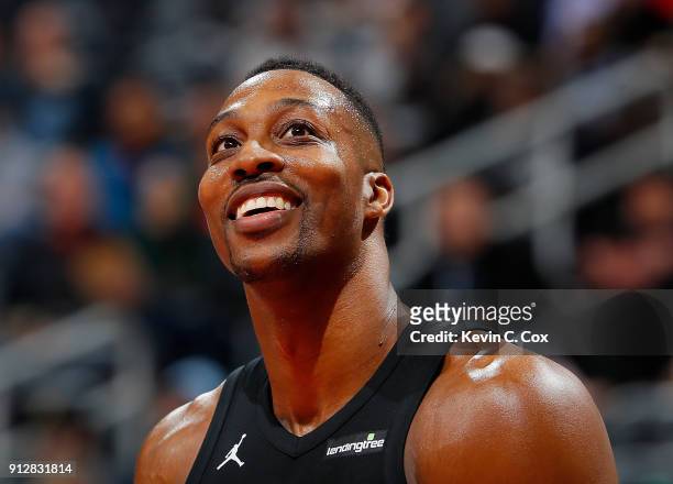 Dwight Howard of the Charlotte Hornets reacts during the game against the Atlanta Hawks at Philips Arena on January 31, 2018 in Atlanta, Georgia....