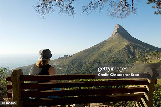 tourist looking at lions head, pipe trial, table mountain national park, cape town, western cape pro - lion's head mountain stock pictures, royalty-free photos & images