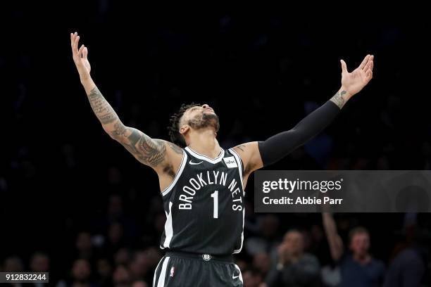 Angelo Russell of the Brooklyn Nets reacts after making a three point basket in the second quarter against the Philadelphia 76ers during their game...