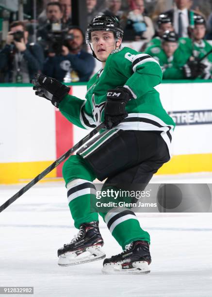 Julius Honka of the Dallas Stars skates against the Los Angeles Kings at the American Airlines Center on January 30, 2018 in Dallas, Texas.