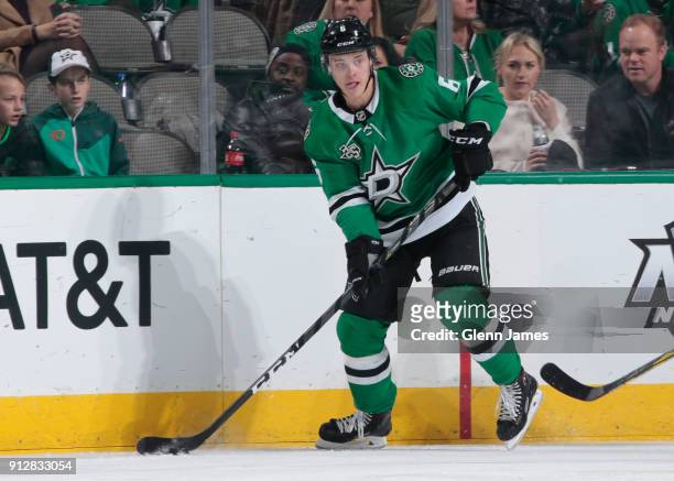 Julius Honka of the Dallas Stars handles the puck against the Los Angeles Kings at the American Airlines Center on January 30, 2018 in Dallas, Texas.