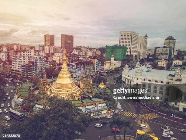 aerial point of view of sule pagoda in yangon city, myanmar - burma stock pictures, royalty-free photos & images