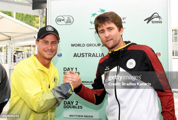 Davis Cup team captains Lleyton Hewitt of Australia and Michael Kohlmann of Germany pose for a photo during the official draw ahead of the Davis Cup...