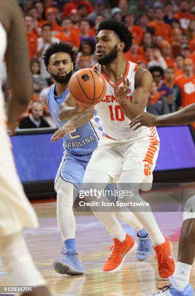 Gabe DeVoe guard Clemson University Tigers during a college basketball game between the North Carolina Tar Heels and Clemson Tigers on January 30,...