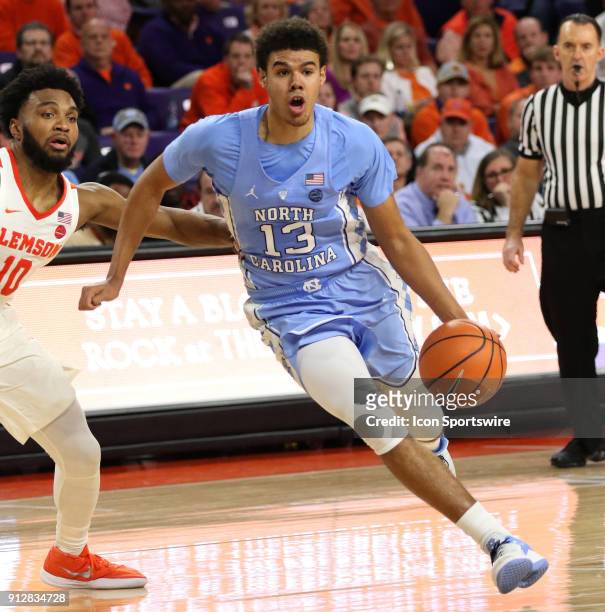 Cameron Johnson guard University of North Carolina during a college basketball game between the North Carolina Tar Heels and Clemson Tigers on...