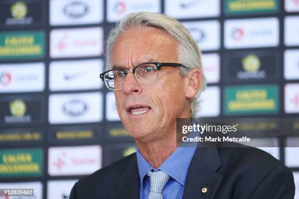 David Gallop speaks to media during a press conference at FFA Headquarters on February 1, 2018 in Sydney, Australia.