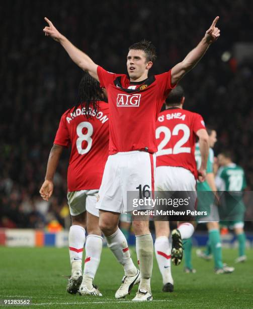 Michael Carrick of Manchester United celebrates scoring their second goal during the UEFA Champions League match between Manchester United and...