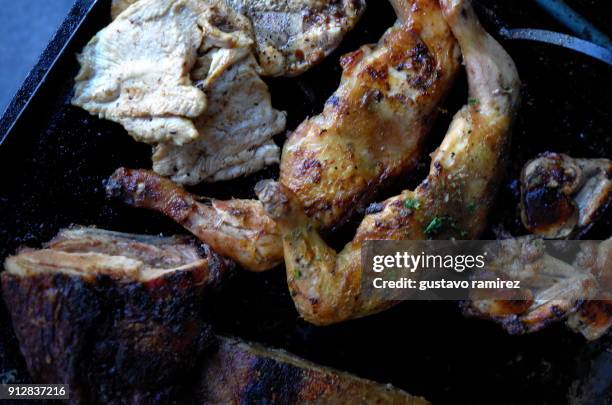 roast pork and chicken on charcoal grill - crackling imagens e fotografias de stock