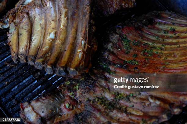 roast pork and chicken on charcoal grill - crackling imagens e fotografias de stock