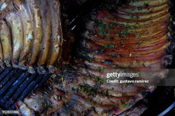 roast pork and chicken on charcoal grill - crackling imagens e fotografias de stock