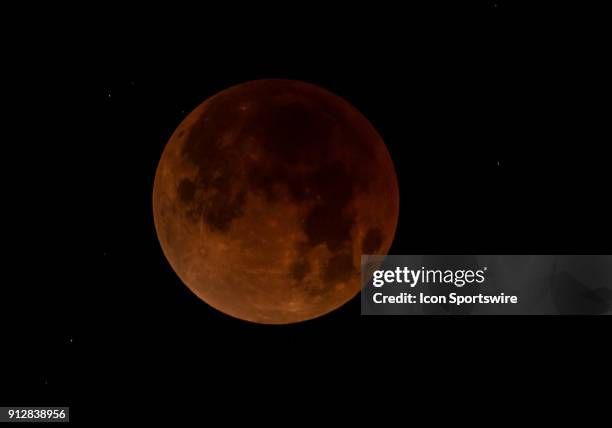 Full eclipse stage of the Super Blood Moon on Tuesday, January 31, 2018 from the East Bay Area, Union City, California