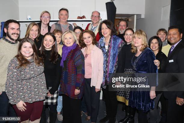 Hillary Clinton poses with the cast and crew backstage at the Manhattan Theatre Club's "The Children" on Broadway at The Samuel J Friedman Theater on...