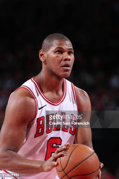 Cristiano Felicio of the Chicago Bulls shoots a free throw against the Portland Trail Blazers on January 31, 2018 at the Moda Center in Portland,...
