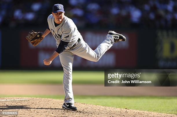 Randy Choate#37 of the Tampa Bay Rays pitches during the game against the Texas Rangers at Rangers Ballpark in Arlington in Arlington, Texas on...