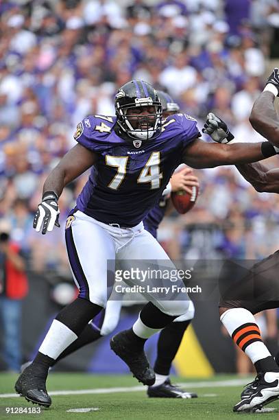 Michael Oher of the Baltimore Ravens defends against the Cleveland Browns at M&T Bank Stadium on September 27, 2009 in Baltimore, Maryland. The...