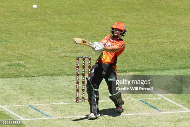 Nicole Bolton of the Scorchers bats during the Women's Big Bash League match between the Sydney Thunder and the Perth Scorchers at Optus Stadium on...