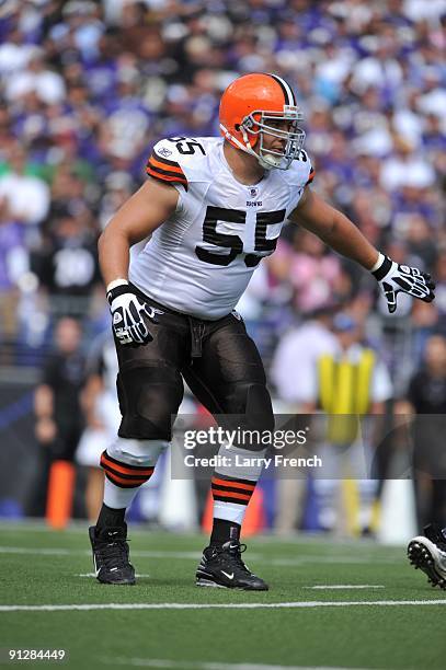 Alex Mack of the Cleveland Browns defends against the Baltimore Ravens at M&T Bank Stadium on September 27, 2009 in Baltimore, Maryland. The Ravens...