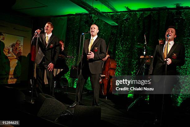 Lance Corporal Ryan Idzi, Sergeant Major Gary Chiltern and Sergeant Richie Maddocks of The Soldiers perform at their album launch showcase at the...