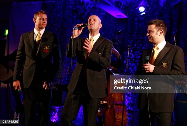 Lance Corporal Ryan Idzi, Sergeant Major Gary Chiltern and Sergeant Richie Maddocks of The Soldiers perform at their album launch showcase at the...