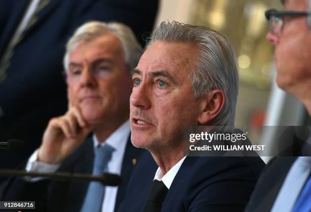 Newly appointed head coach of the Australian national football team, Bert van Marwijk of the Netherlands attends his first press conference with...