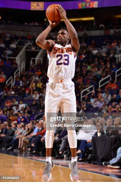 Anthony Bennett of the Phoenix Suns shoots the ball against the Dallas Mavericks on January 31, 2018 at Talking Stick Resort Arena in Phoenix,...