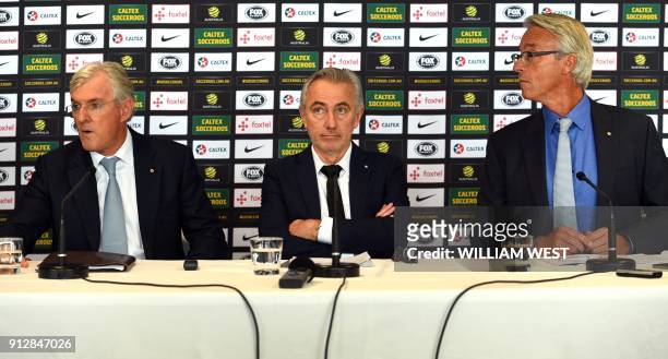 Newly appointed head coach of the Australian national football team, Bert van Marwijk of the Netherlands attends his first press conference with...