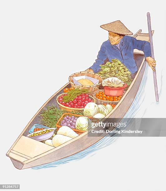 stockillustraties, clipart, cartoons en iconen met illustration of man steering floating market boat - drijvende markt