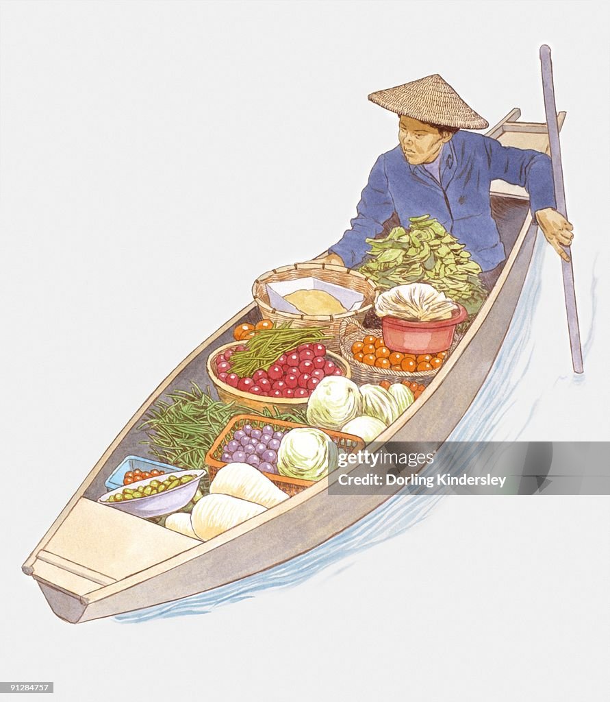 Illustration of man steering floating market boat