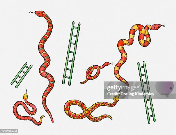 digital illustration of colourful snakes and green ladders - small group of animals stock illustrations