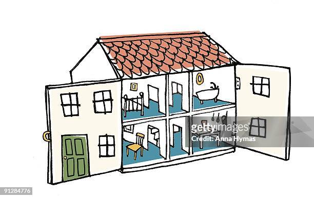 stockillustraties, clipart, cartoons en iconen met digital illustration of doll's house with open facade showing various rooms inside - doll house