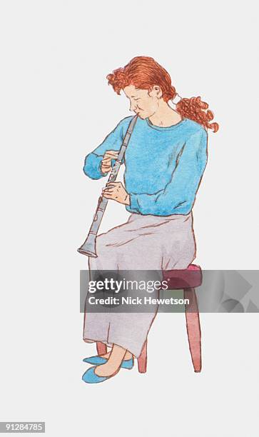 illustration of young woman playing the oboe - oboe stock-grafiken, -clipart, -cartoons und -symbole