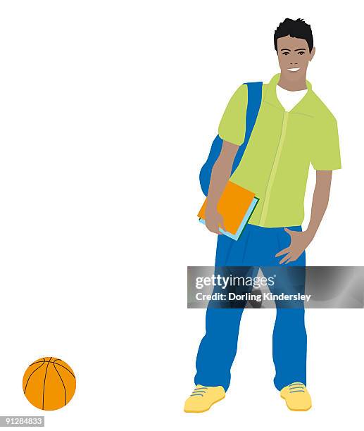 ilustraciones, imágenes clip art, dibujos animados e iconos de stock de digital illustration of smiling teenager with bag on shoulder, holding book, standing near basketbal - basketbal