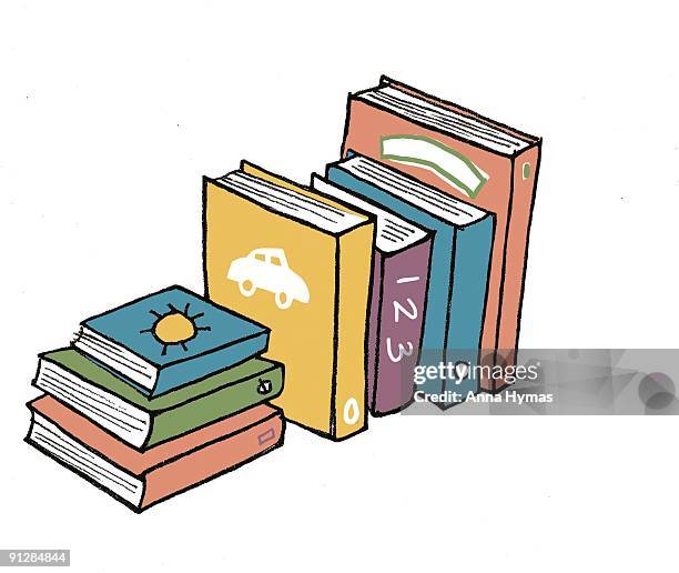 digital illustration of stack and row of children's books - stack books close up stock illustrations