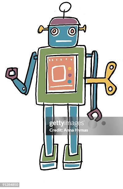digital illustration of old fashioned clockwork robot - robot toy white background stock illustrations