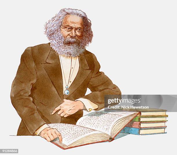 illustration of karl marx with open book - one senior man only stock illustrations