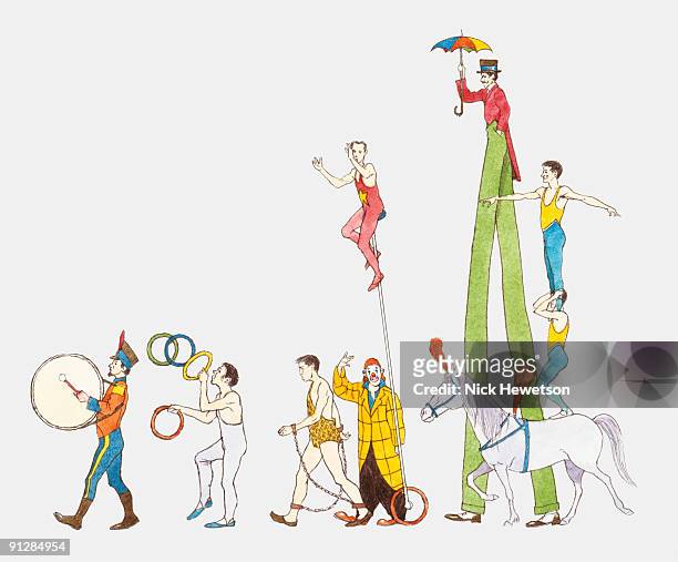 illustration of circus performers walking in parade led by drummer in uniform - drummer stock-grafiken, -clipart, -cartoons und -symbole