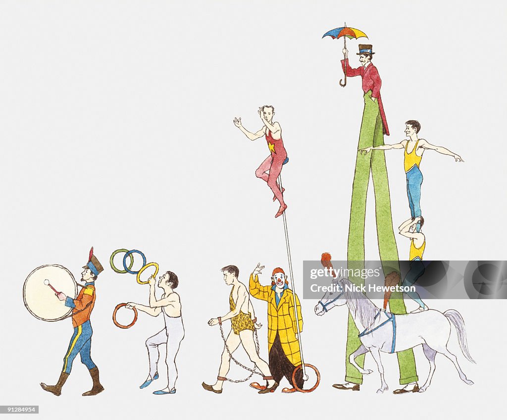 Illustration of circus performers walking in parade led by drummer in uniform