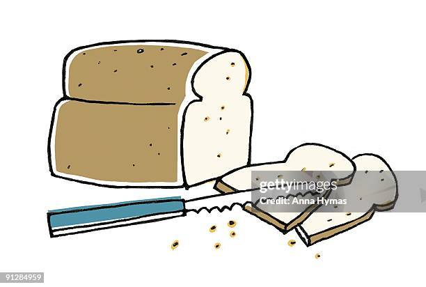 digital illustration of fresh whole wheat loaf, two slices of bread and bread knife - krümel stock-grafiken, -clipart, -cartoons und -symbole