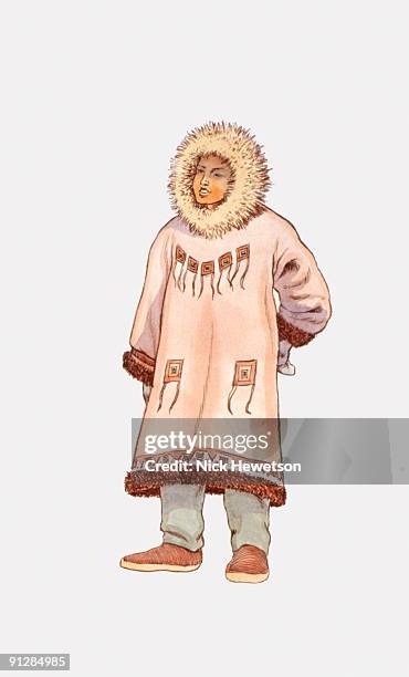 illustration of inuit boy wearing parka - traditional parka stock illustrations