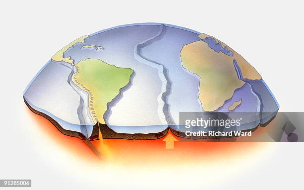 ilustraciones, imágenes clip art, dibujos animados e iconos de stock de digital illustration of globe showing large scale movement of earth's lithosphere - plate tectonics